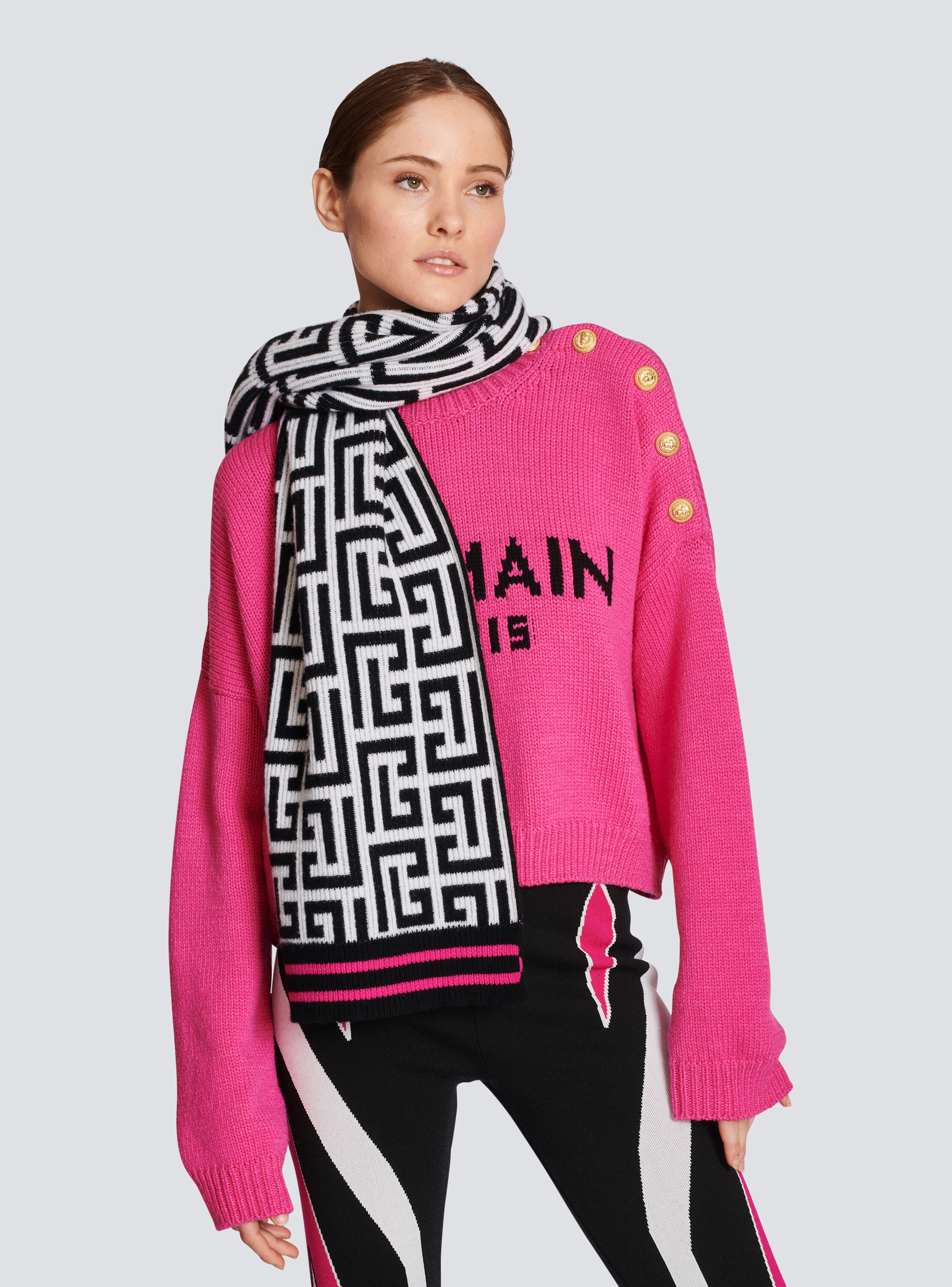 Wool scarf with large Balmain monogram - Women | BALMAIN
