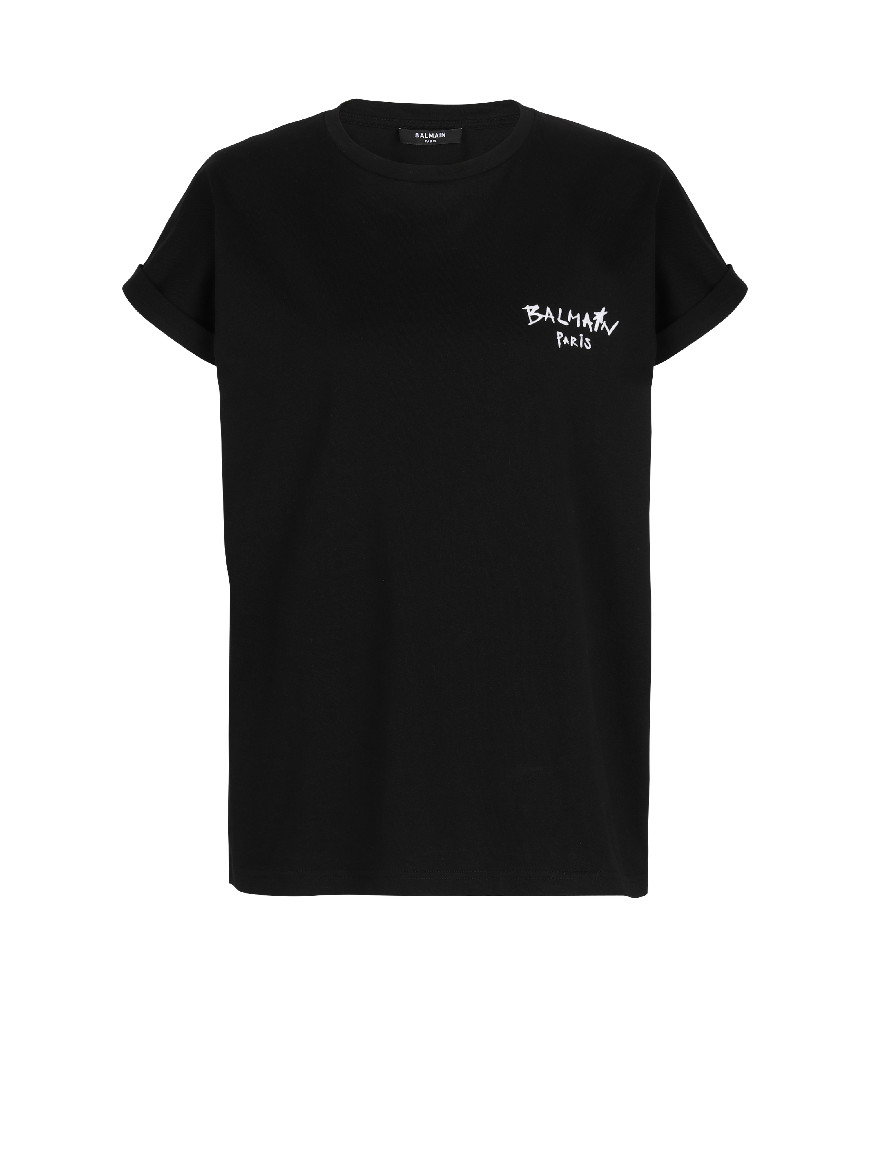 Cotton T-shirt with small flocked graffiti Balmain logo, black